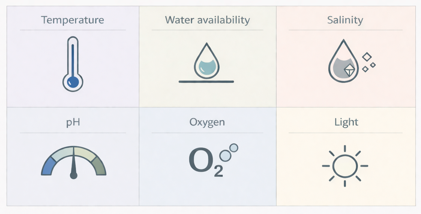 Diagram of major abiotic factors in ecology including temperature, water availability, salinity, pH, oxygen, and light