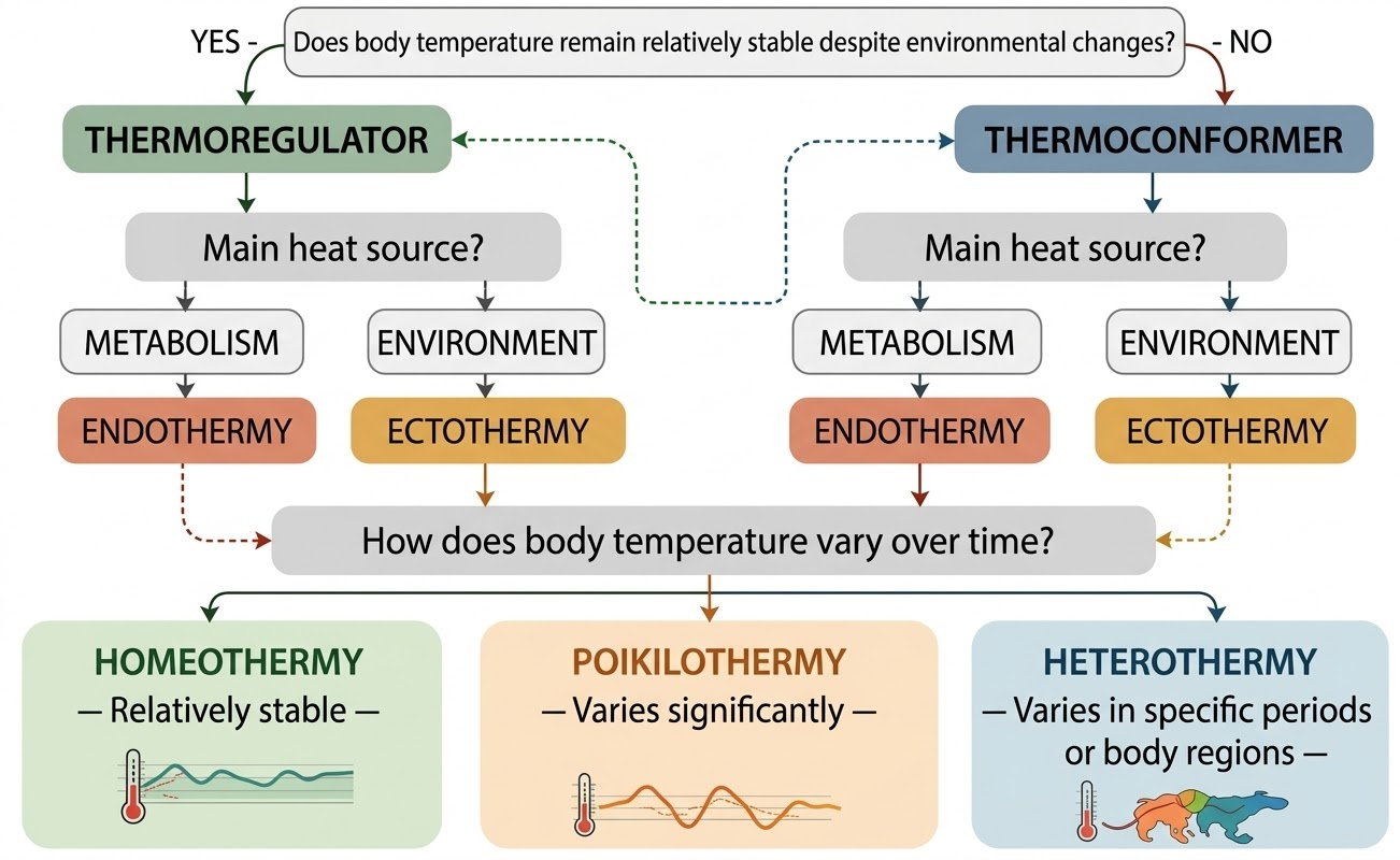 Diagram of animal thermal regulation showing the distinction between thermoregulators and thermoconformers, the main heat source as metabolism or environment, and the relationships among endothermy, ectothermy, homeothermy, poikilothermy, and heterothermy.