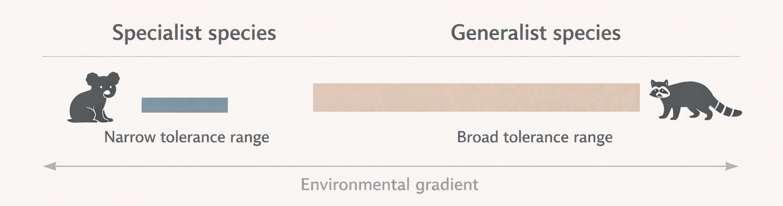 Comparison between a specialist species with narrow tolerance range and a generalist species with broad tolerance range along an environmental gradient