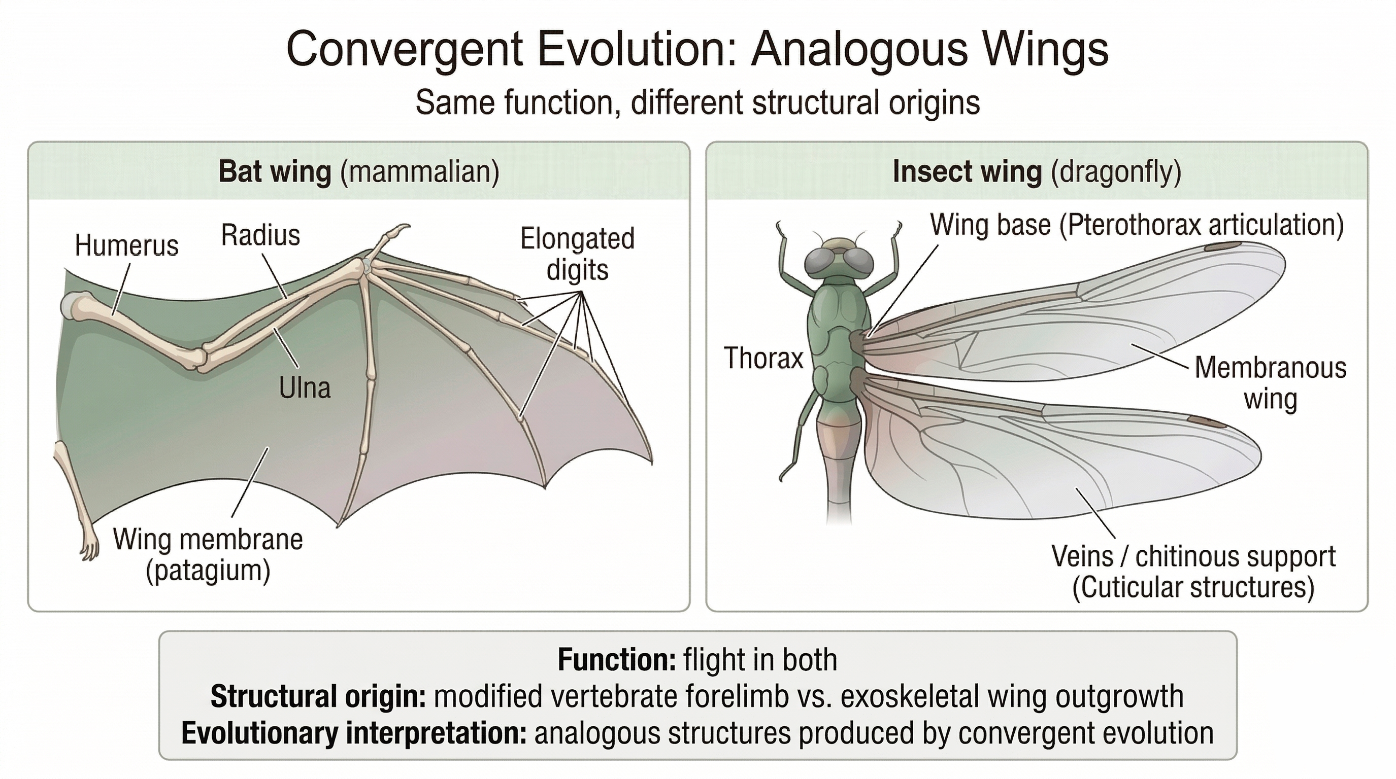 Comparison between a bat wing and an insect wing showing similar function but distinct structural origin