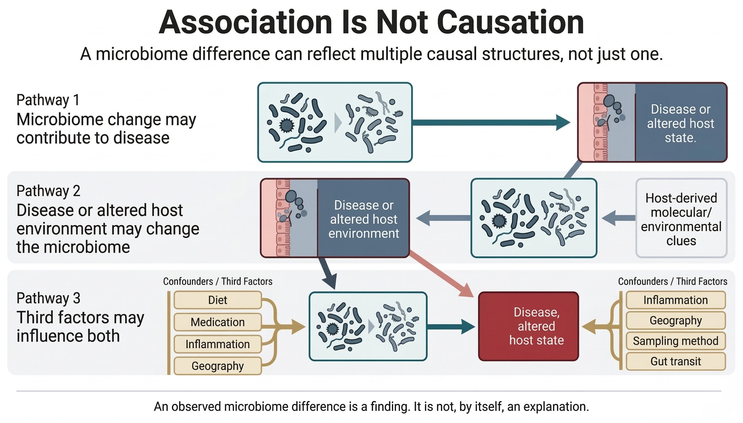 Association between microbiome change and disease does not by itself demonstrate causation.