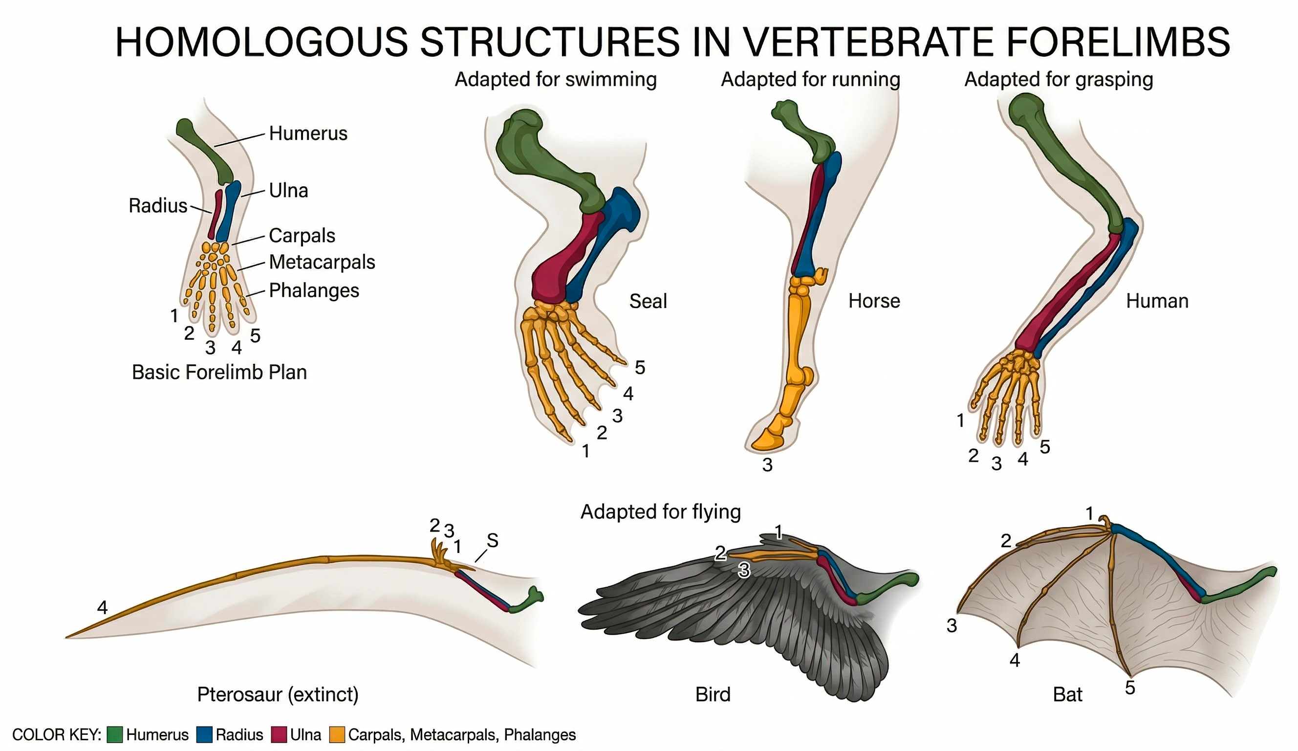 Comparative tetrapod forelimbs showing the same underlying skeletal plan in a human arm, bat wing, whale flipper, and horse forelimb