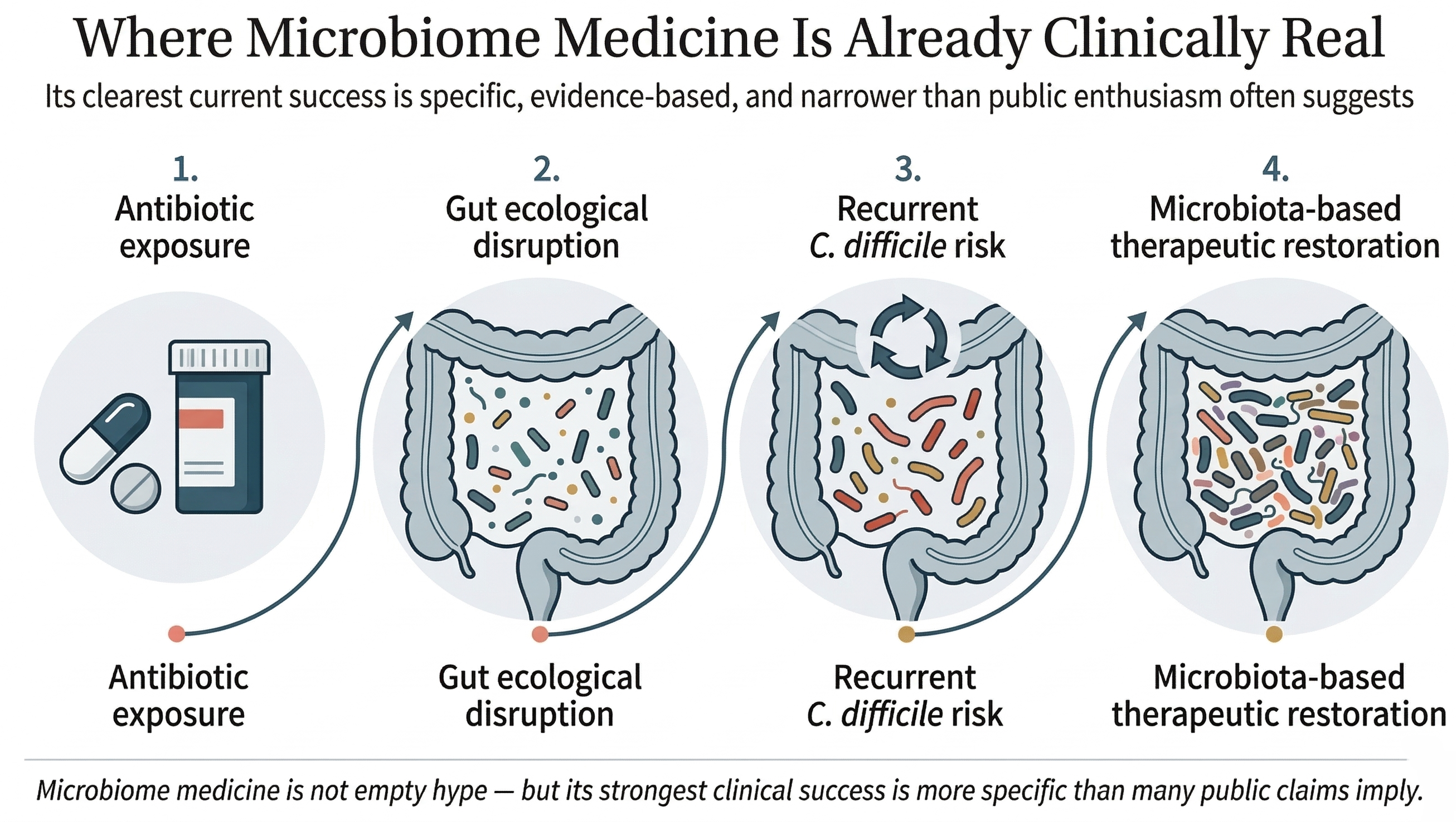 Sequence showing antibiotic exposure, ecological disruption, recurrent C. difficile risk, and microbiota-based therapeutic restoration.