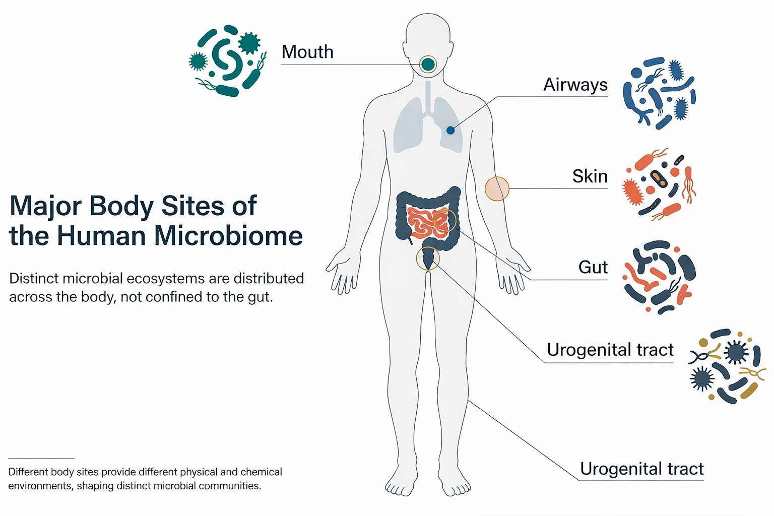 Major body sites of the human microbiome, including skin, mouth, airways, gut, and urogenital tract.