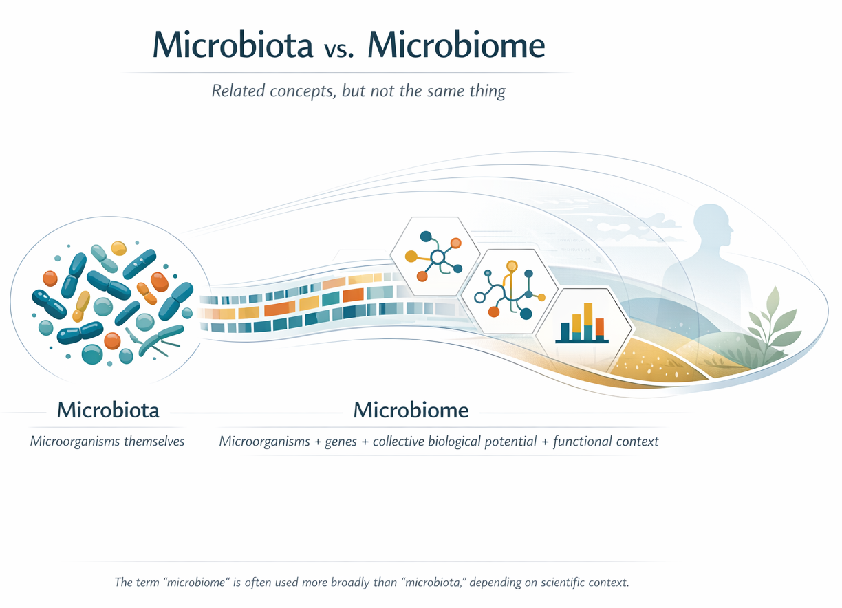 Comparison of microbiota and microbiome, distinguishing organisms from the broader biological system.