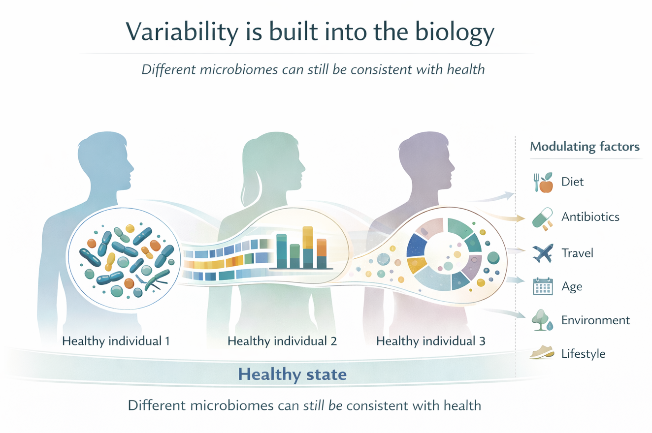 Different healthy microbiome configurations within a normal biological range.