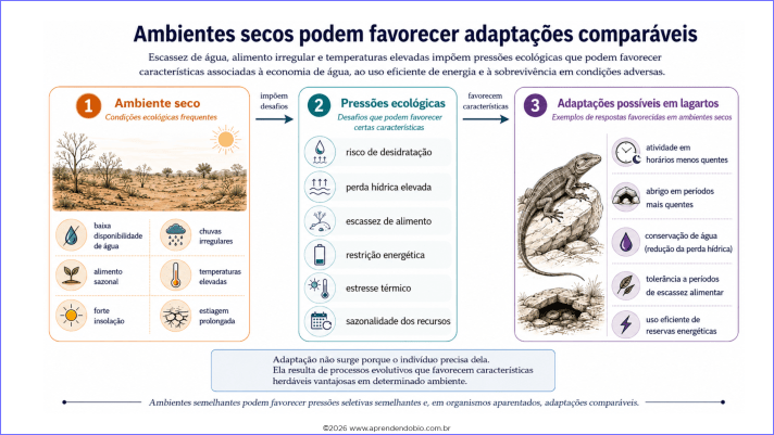Esquema mostrando como ambientes secos, com pouca água e alimento sazonal, podem favorecer adaptações relacionadas à economia de água, ao metabolismo e ao comportamento de lagartos.