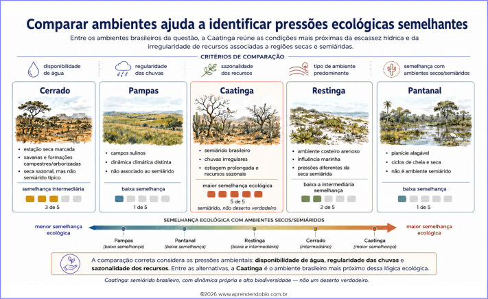 Quadro comparando Cerrado, Pampas, Caatinga, Restinga e Pantanal quanto às condições ambientais, com destaque para a Caatinga como bioma semiárido de chuvas irregulares e longos períodos de estiagem.