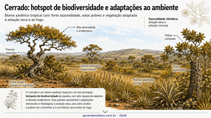 Esquema didático do Cerrado como hotspot de biodiversidade, mostrando vegetação savânica com árvores de troncos retorcidos, folhas coriáceas, súber espessado, estrato herbáceo desenvolvido, solos ácidos e pobres em nutrientes, sazonalidade climática e adaptações ao fogo.