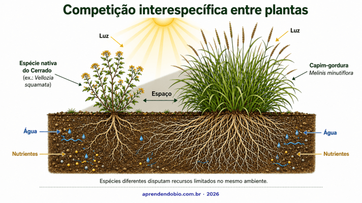 Esquema sobre competição interespecífica no Cerrado, mostrando o capim-gordura competindo com planta nativa por luz, espaço, água e nutrientes.