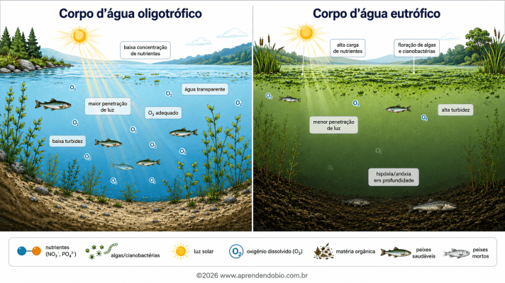 Comparação entre corpo d’água oligotrófico e eutrófico, mostrando baixa carga de nutrientes, água transparente e O₂ adequado no primeiro, e floração algal, turbidez e hipóxia no segundo.