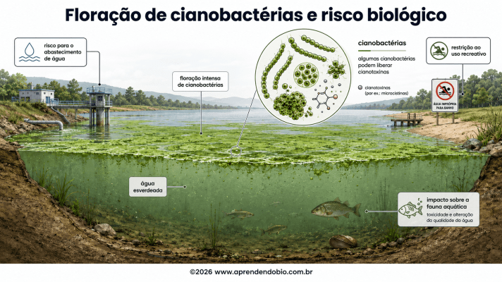 Floração superficial de cianobactérias em água esverdeada, com indicação de cianotoxinas e riscos para abastecimento, recreação e fauna aquática.