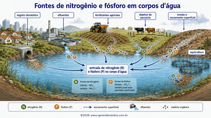 Fontes de nitrogênio e fósforo chegando a um corpo d’água por esgoto, efluentes, fertilizantes agrícolas, dejetos da pecuária, erosão, escoamento superficial e aquicultura.