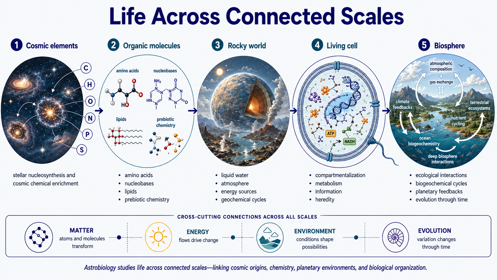 Diagram titled “Life Across Connected Scales” showing astrobiology as a connection among cosmic elements, organic molecules, rocky worlds, living cells and biospheres, with matter, energy, environment and evolution linking all levels.
