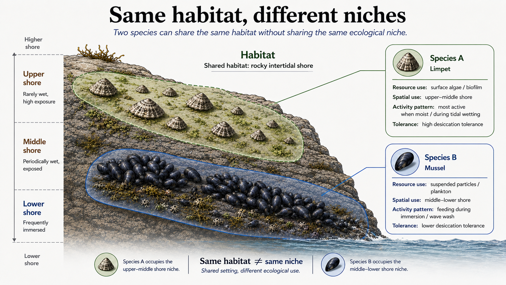 Rocky intertidal diagram showing limpets and mussels in the same habitat but occupying different niche patterns, with differences in shore position, resource use, activity, and desiccation tolerance.